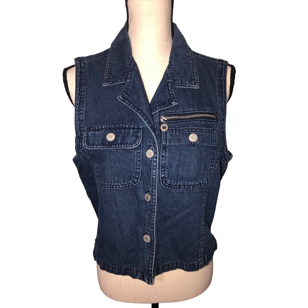 Vintage Denim Vest Womens Size M Blue Pockets Zipper Detail Button Front Taiwan